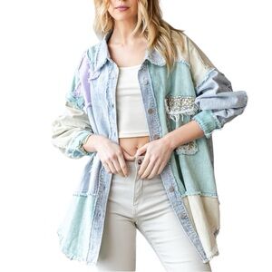 188. Women's Blue / Beige Peace Patchwork Denim Jacket NEW